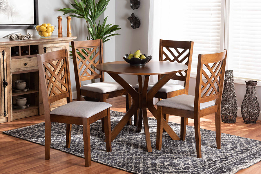 Baxton Studio Norah Modern and Contemporary Grey Fabric Upholstered and Walnut Brown Finished Wood 5-Piece Dining Set | Modishstore | Dining Sets