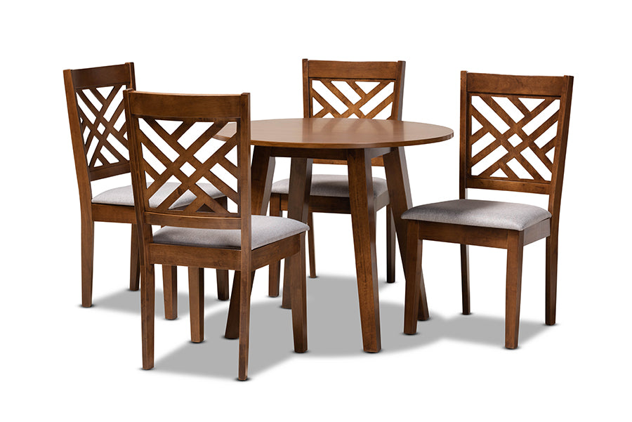 baxton studio lilly modern and contemporary grey fabric upholstered and walnut brown finished wood 5 piece dining set | Modish Furniture Store-2