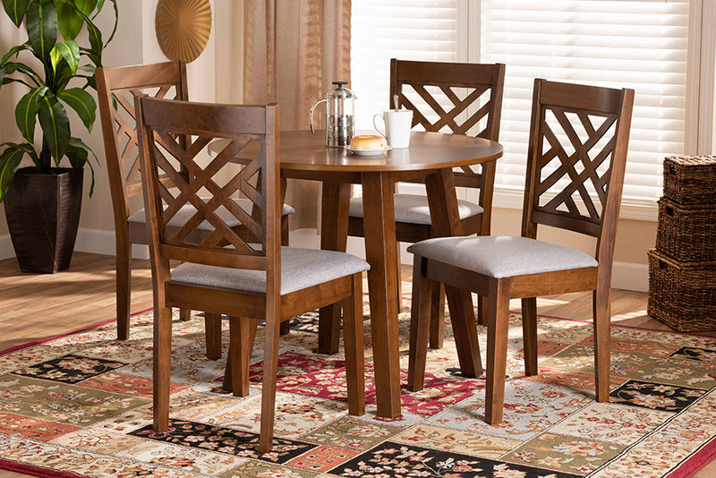 Baxton Studio Lilly Modern and Contemporary Grey Fabric Upholstered and Walnut Brown Finished Wood 5-Piece Dining Set | Modishstore | Dining Sets