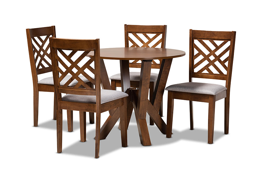 baxton studio elise modern and contemporary grey fabric upholstered and walnut brown finished wood 5 piece dining set | Modish Furniture Store-3
