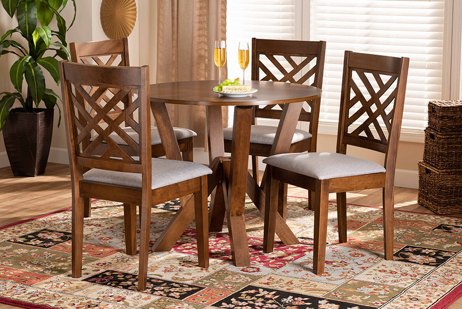 Baxton Studio Elise Modern and Contemporary Grey Fabric Upholstered and Walnut Brown Finished Wood 5-Piece Dining Set | Modishstore | Dining Sets