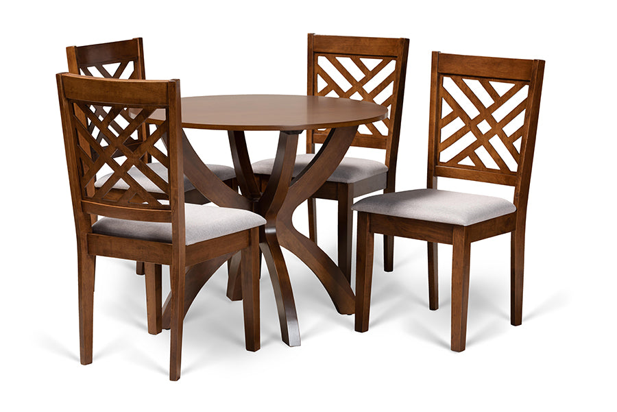 baxton studio edona modern and contemporary grey fabric upholstered and walnut brown finished wood 5 piece dining set | Modish Furniture Store-2