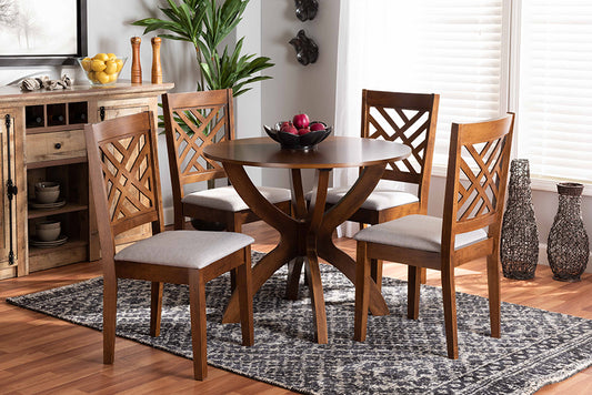 Baxton Studio Edona Modern and Contemporary Grey Fabric Upholstered and Walnut Brown Finished Wood 5-Piece Dining Set | Modishstore | Dining Sets