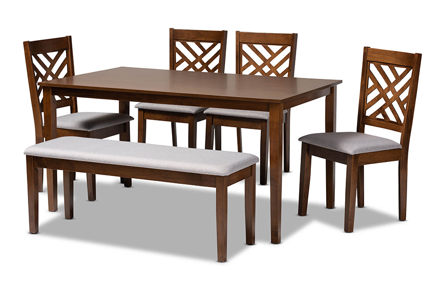 baxton studio gustavo modern and contemporary grey fabric upholstered and walnut brown finished wood 6 piece dining set | Modish Furniture Store-2
