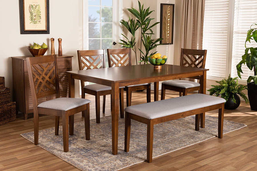 Baxton Studio Gustavo Modern and Contemporary Grey Fabric Upholstered and Walnut Brown Finished Wood 6-Piece Dining Set | Modishstore | Dining Sets