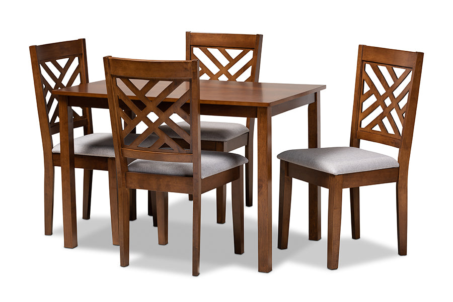 baxton studio caron modern and contemporary grey fabric upholstered walnut brown finished wood 5 piece dining set | Modish Furniture Store-2