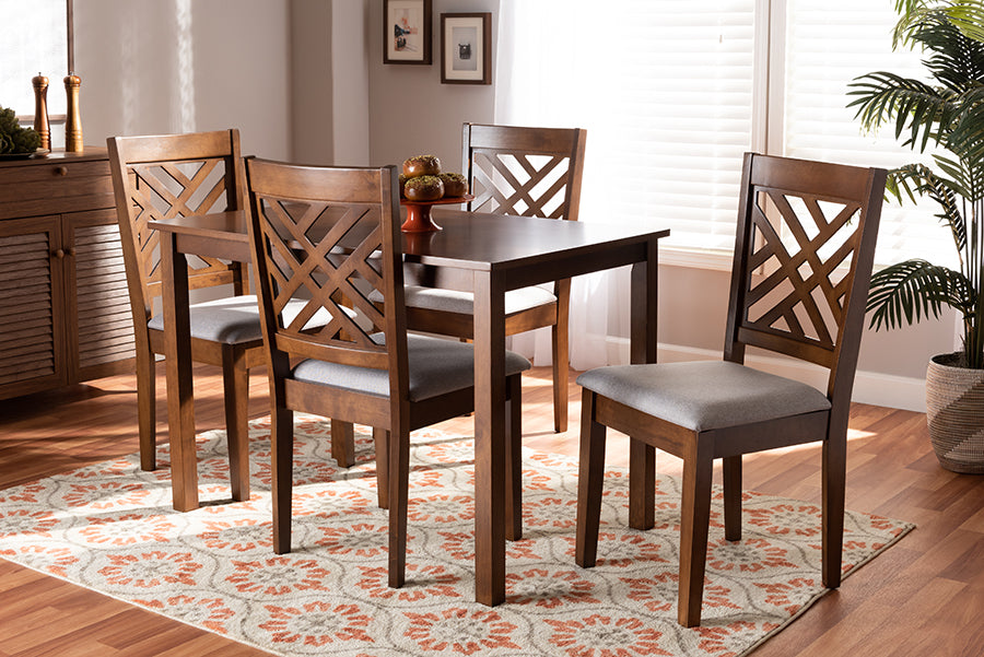 Baxton Studio Caron Modern and Contemporary Grey Fabric Upholstered Walnut Brown Finished Wood 5-Piece Dining Set | Modishstore | Dining Sets