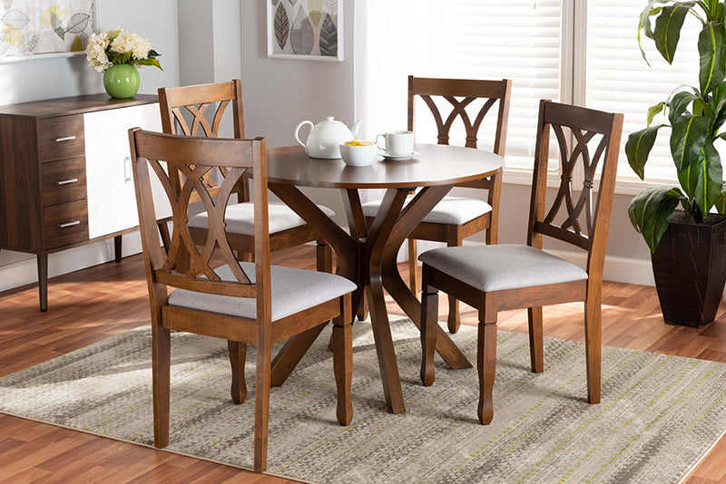 Baxton Studio Maya Modern and Contemporary Grey Fabric Upholstered and Walnut Brown Finished Wood 5-Piece Dining Set | Modishstore | Dining Sets