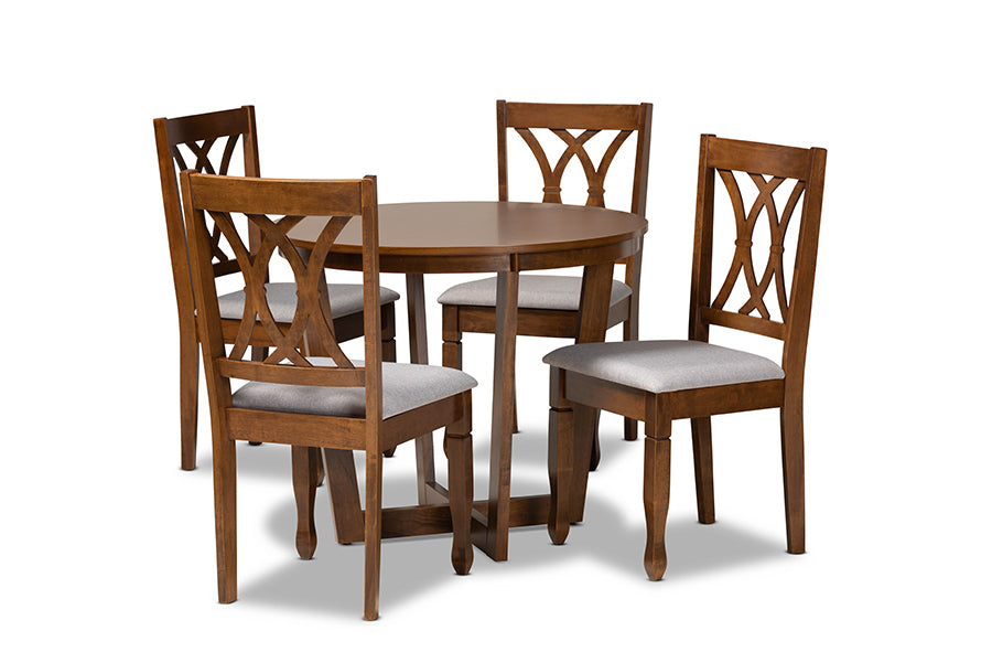 baxton studio aggie modern and contemporary grey fabric upholstered and walnut brown finished wood 5 piece dining set | Modish Furniture Store-2