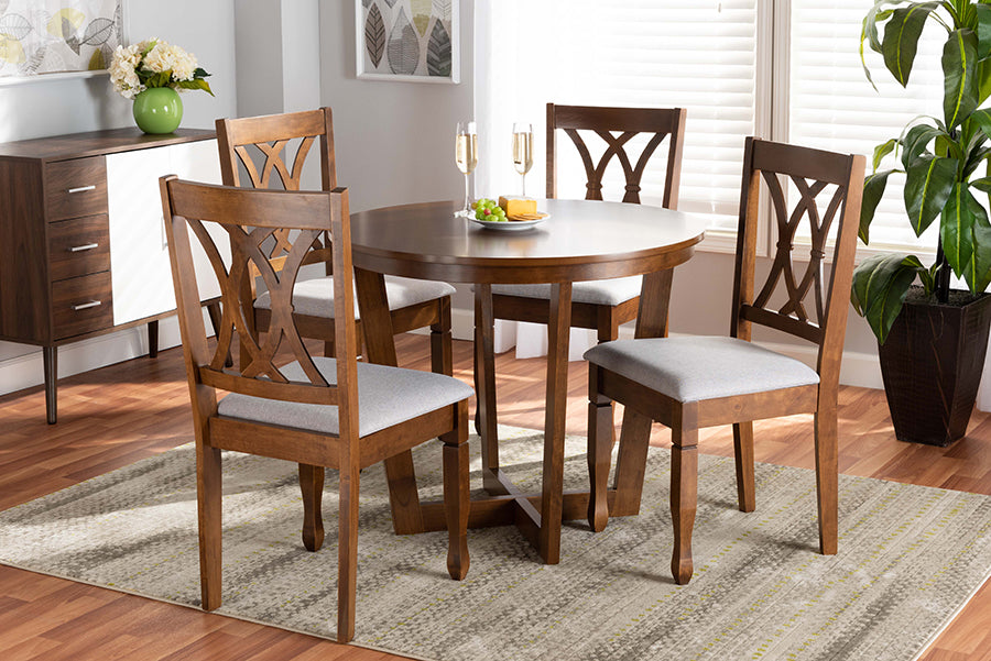 Baxton Studio Aggie Modern and Contemporary Grey Fabric Upholstered and Walnut Brown Finished Wood 5-Piece Dining Set | Modishstore | Dining Sets