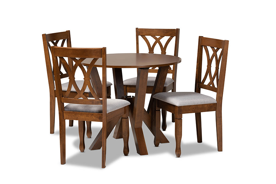 baxton studio irene modern and contemporary grey fabric upholstered and walnut brown finished wood 5 piece dining set | Modish Furniture Store-2