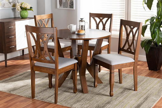 Baxton Studio Irene Modern and Contemporary Grey Fabric Upholstered and Walnut Brown Finished Wood 5-Piece Dining Set | Modishstore | Dining Sets