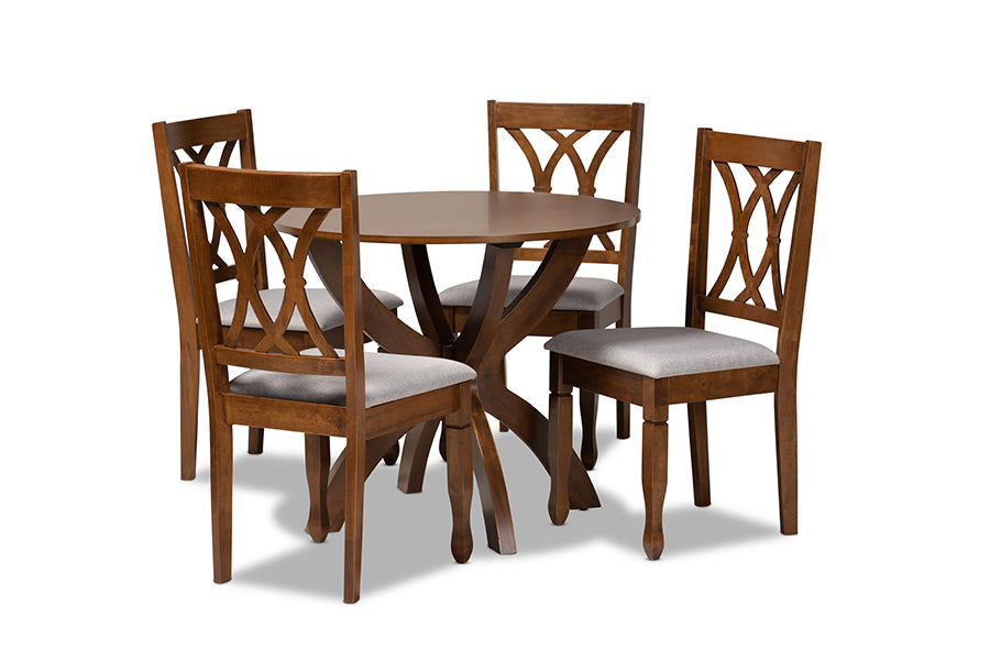 baxton studio april modern and contemporary grey fabric upholstered and walnut brown finished wood 5 piece dining set | Modish Furniture Store-2