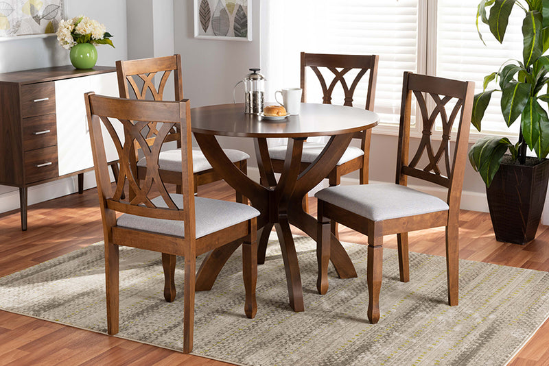 Baxton Studio April Modern and Contemporary Grey Fabric Upholstered and Walnut Brown Finished Wood 5-Piece Dining Set | Modishstore | Dining Sets