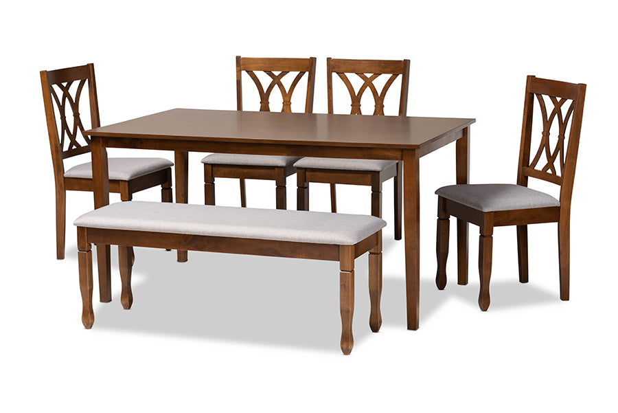 baxton studio reneau modern and contemporary grey fabric upholstered and walnut brown finished wood 6 piece dining set | Modish Furniture Store-2