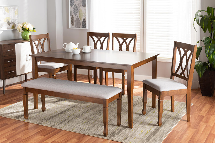 Baxton Studio Reneau Modern and Contemporary Grey Fabric Upholstered and Walnut Brown Finished Wood 6-Piece Dining Set | Modishstore | Dining Sets