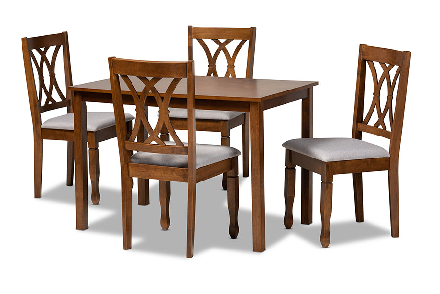 baxton studio sefa modern and contemporary grey fabric upholstered and walnut brown finished wood 5 piece dining set | Modish Furniture Store-2