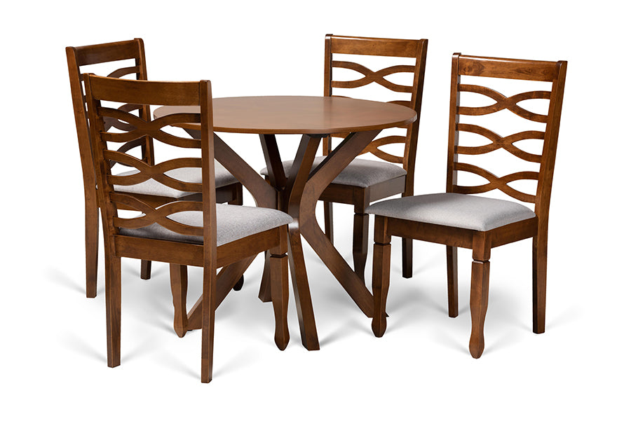 baxton studio mila modern and contemporary grey fabric upholstered and walnut brown finished wood 5 piece dining set | Modish Furniture Store-2