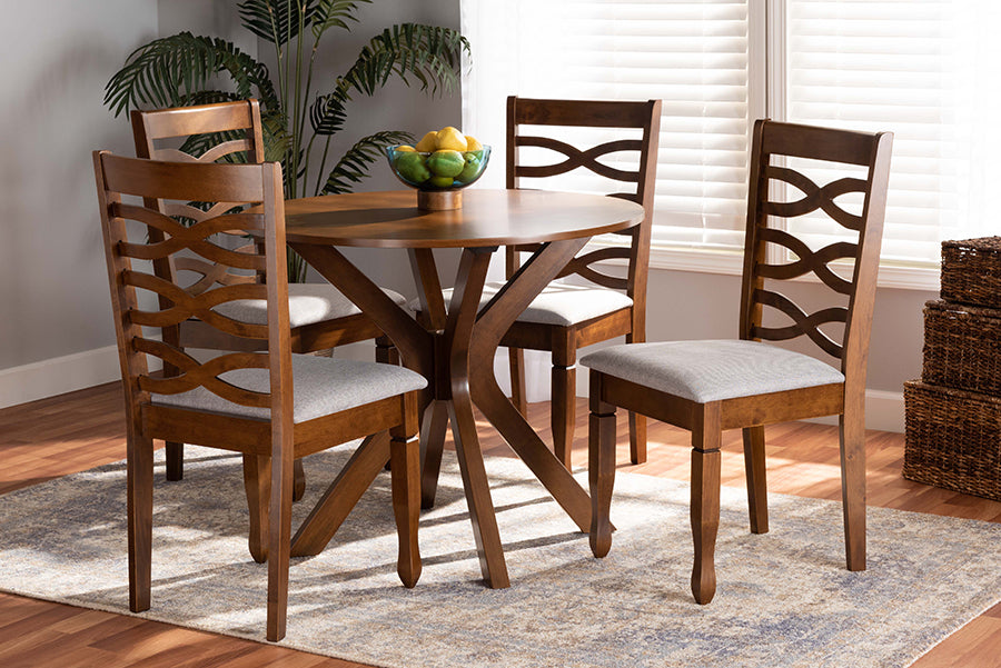Baxton Studio Mila Modern and Contemporary Grey Fabric Upholstered and Walnut Brown Finished Wood 5-Piece Dining Set | Modishstore | Dining Sets