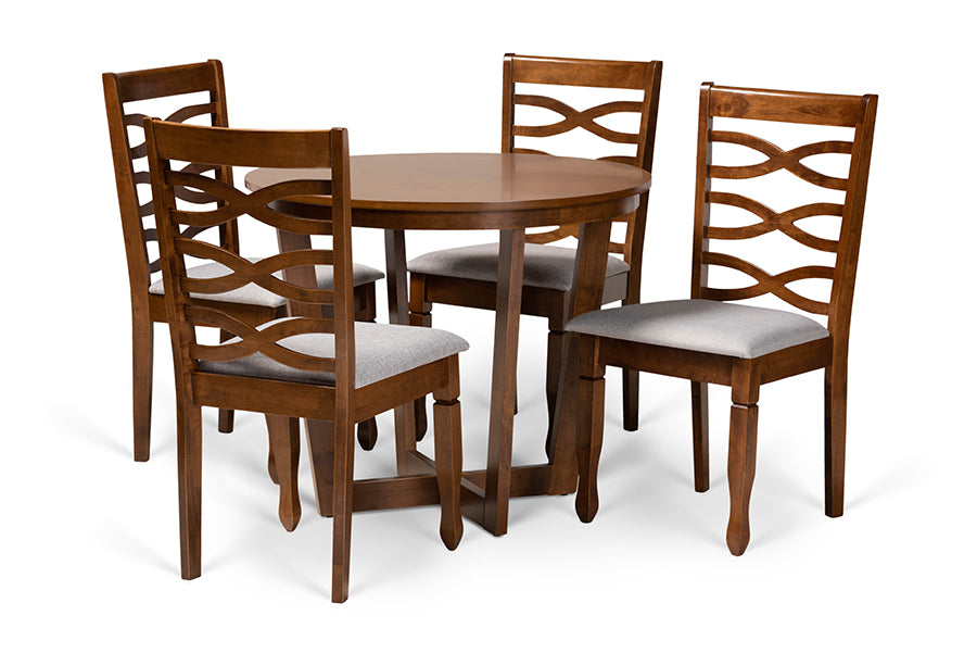baxton studio alicia modern and contemporary grey fabric upholstered and walnut brown finished wood 5 piece dining set | Modish Furniture Store-2