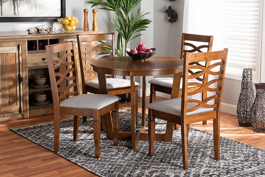 Baxton Studio Alicia Modern and Contemporary Grey Fabric Upholstered and Walnut Brown Finished Wood 5-Piece Dining Set | Modishstore | Dining Sets
