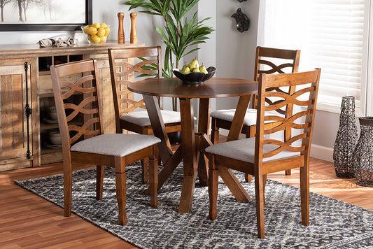 Baxton Studio Ariane Modern and Contemporary Grey Fabric Upholstered and Walnut Brown Finished Wood 5-Piece Dining Set | Modishstore | Dining Sets