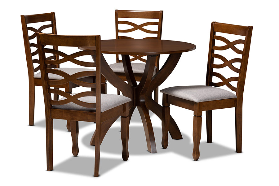 baxton studio aspen modern and contemporary grey fabric upholstered and walnut brown finished wood 5 piece dining set | Modish Furniture Store-2