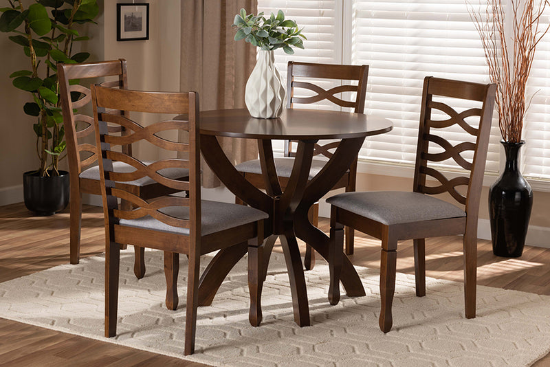 Baxton Studio Aspen Modern and Contemporary Grey Fabric Upholstered and Walnut Brown Finished Wood 5-Piece Dining Set | Modishstore | Dining Sets