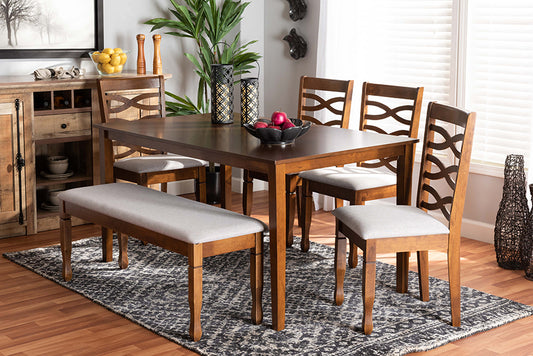 Baxton Studio Lanier Modern and Contemporary Grey Fabric Upholstered and Walnut Brown Finished Wood 6-Piece Dining Set | Modishstore | Dining Sets