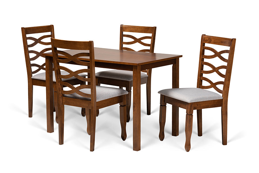baxton studio mirna modern and contemporary grey fabric upholstered and walnut brown finished wood 5 piece dining set | Modish Furniture Store-2