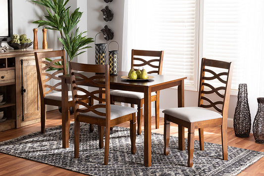 Baxton Studio Mirna Modern and Contemporary Grey Fabric Upholstered and Walnut Brown Finished Wood 5-Piece Dining Set | Modishstore | Dining Sets