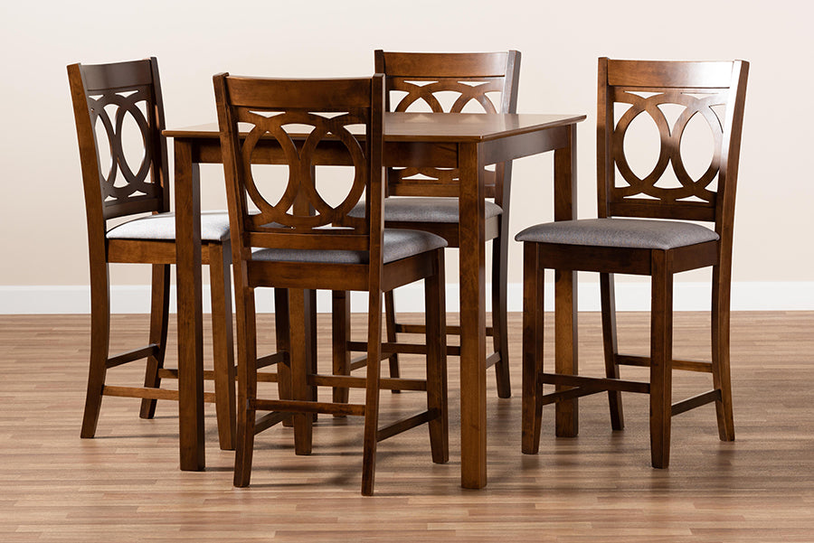 Baxton Studio Lenoir Modern and Contemporary Grey Fabric Upholstered Walnut Brown Finished 5-Piece Wood Pub Set | Dining Sets | Modishstore - 3