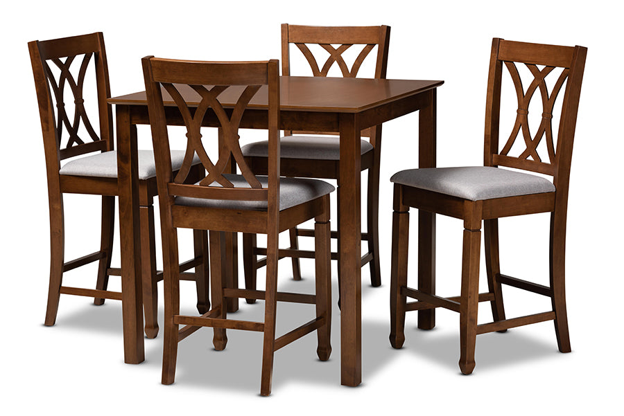 baxton studio reneau modern and contemporary grey fabric upholstered walnut brown finished 5 piece wood pub set | Modish Furniture Store-2