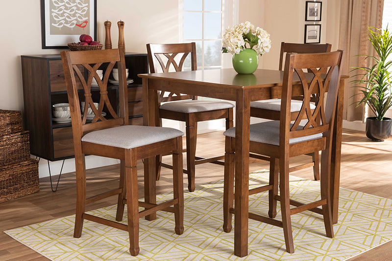 Baxton Studio Reneau Modern and Contemporary Grey Fabric Upholstered Walnut Brown Finished 5-Piece Wood Pub Set | Modishstore | Dining Sets