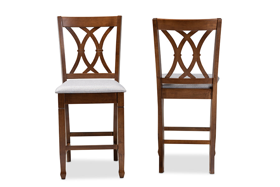 Baxton Studio Reneau Modern and Contemporary Grey Fabric Upholstered Walnut Brown Finished 2-Piece Wood Counter Height Pub Chair Set  Set | Modishstore | Dining Chairs - 3