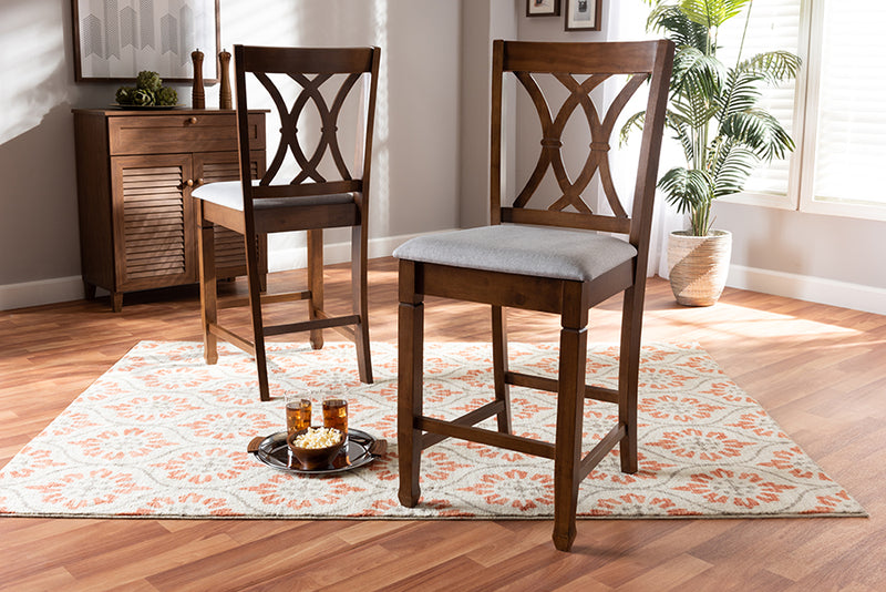 Baxton Studio Reneau Modern and Contemporary Grey Fabric Upholstered Walnut Brown Finished 2-Piece Wood Counter Height Pub Chair Set  Set | Modishstore | Dining Chairs
