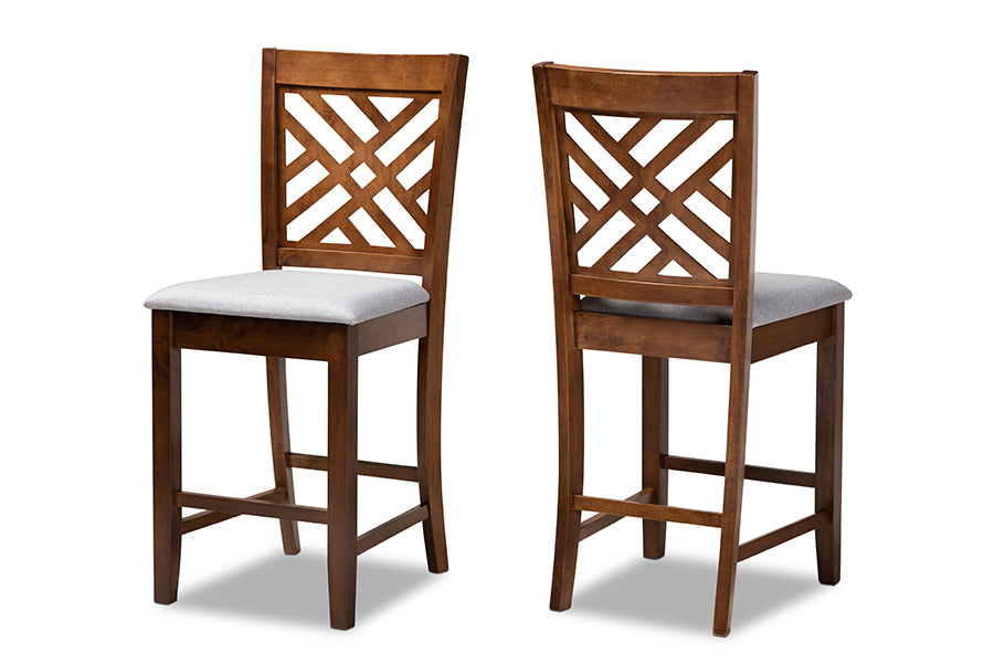 Baxton Studio Caron Modern and Contemporary Grey Fabric Upholstered Walnut Brown Finished 2-Piece Wood Counter Height Pub Chair Set Set | Modishstore | Dining Chairs - 4