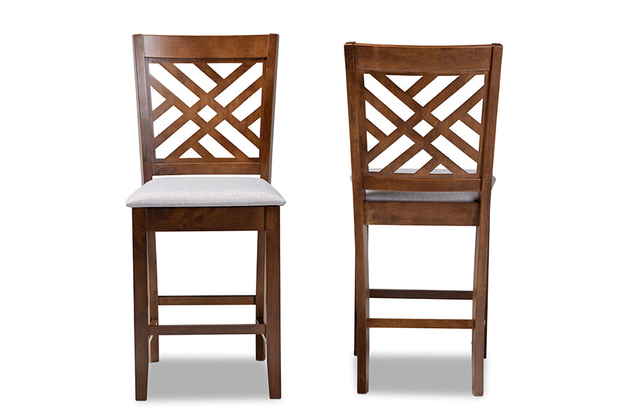 Baxton Studio Caron Modern and Contemporary Grey Fabric Upholstered Walnut Brown Finished 2-Piece Wood Counter Height Pub Chair Set Set | Modishstore | Dining Chairs - 3