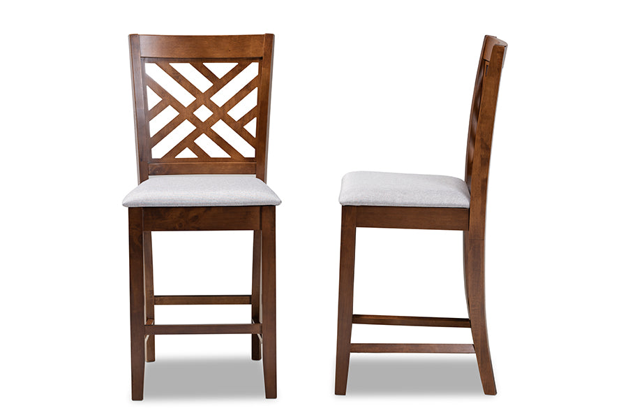 Baxton Studio Caron Modern and Contemporary Grey Fabric Upholstered Walnut Brown Finished 2-Piece Wood Counter Height Pub Chair Set Set | Modishstore | Dining Chairs - 2