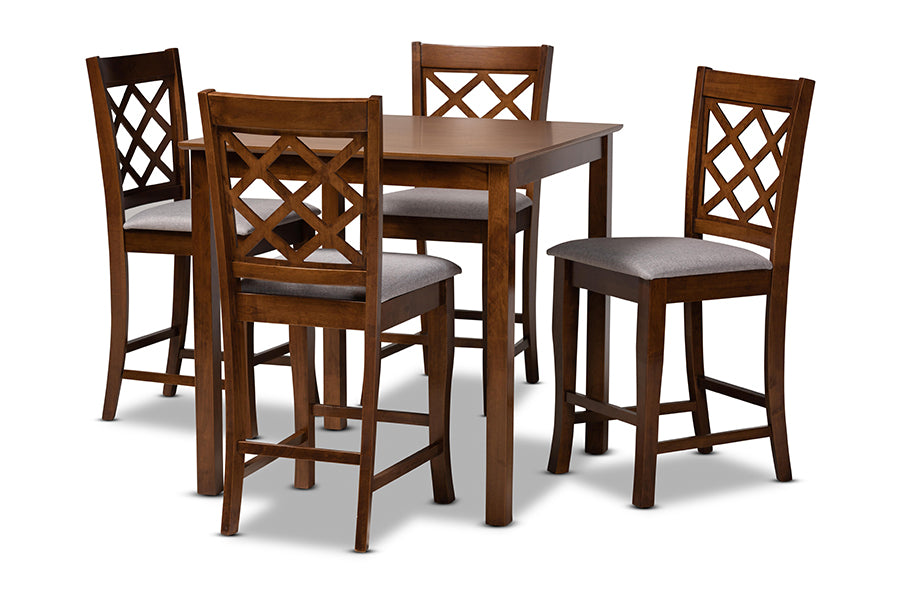 baxton studio alora modern and contemporary grey fabric upholstered walnut brown finished 5 piece wood pub set | Modish Furniture Store-2