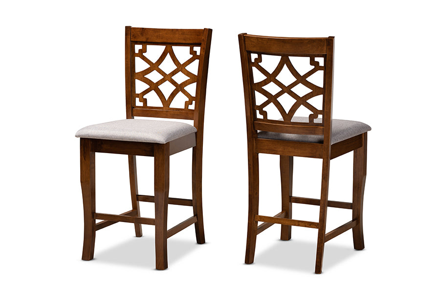 Baxton Studio Nisa Modern and Contemporary Grey Fabric Upholstered and Walnut Brown Finished Wood 2-Piece Counter Stool Set | Modishstore | Dining Chairs - 4