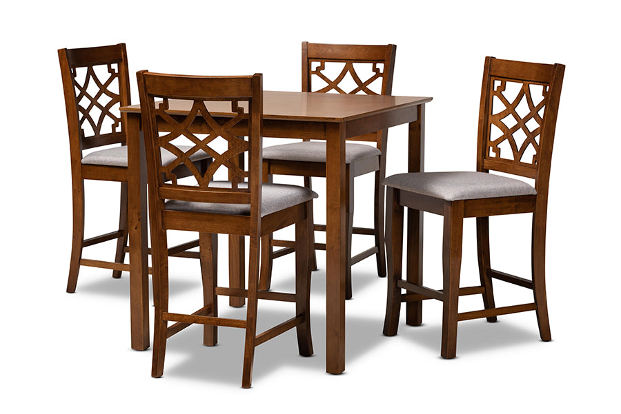baxton studio nisa modern and contemporary grey fabric upholstered walnut brown finished wood 5 piece pub set | Modish Furniture Store-2