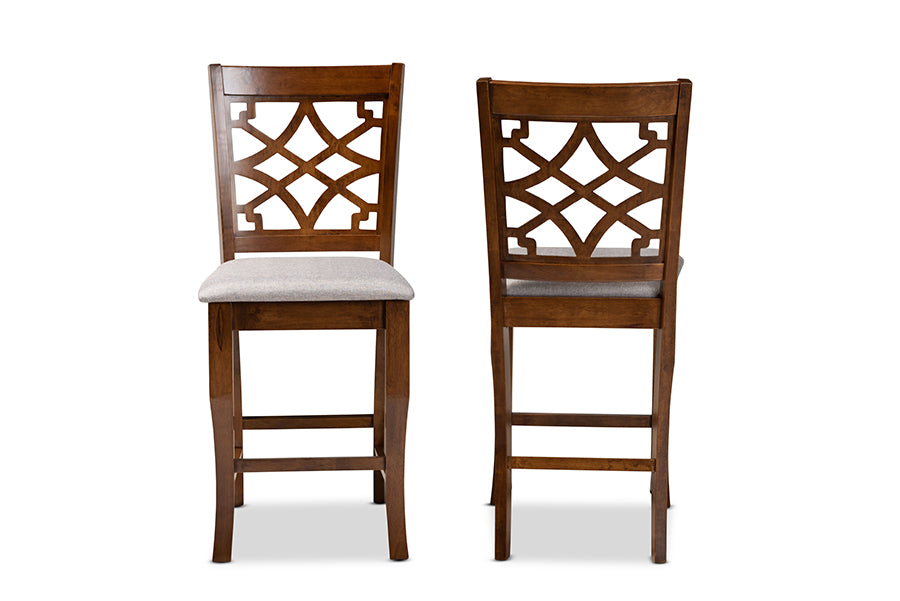 Baxton Studio Nisa Modern and Contemporary Grey Fabric Upholstered and Walnut Brown Finished Wood 2-Piece Counter Stool Set | Modishstore | Dining Chairs - 3