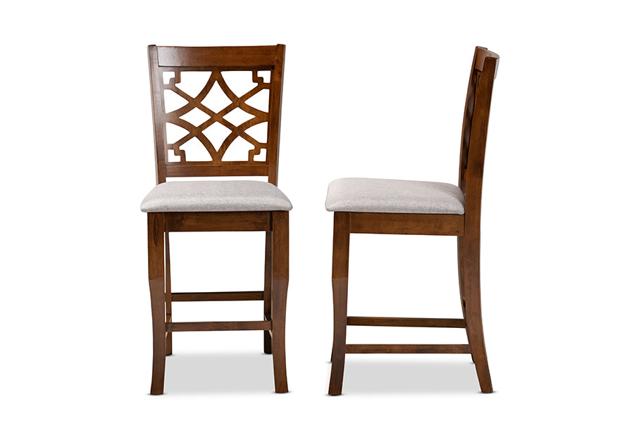 Baxton Studio Nisa Modern and Contemporary Grey Fabric Upholstered and Walnut Brown Finished Wood 2-Piece Counter Stool Set | Modishstore | Dining Chairs - 2