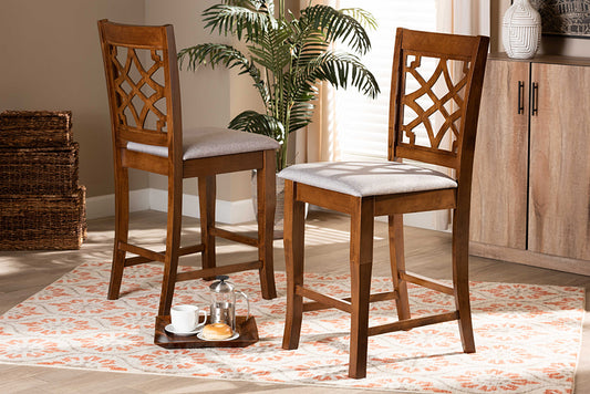 Baxton Studio Nisa Modern and Contemporary Grey Fabric Upholstered and Walnut Brown Finished Wood 2-Piece Counter Stool Set | Modishstore | Dining Chairs