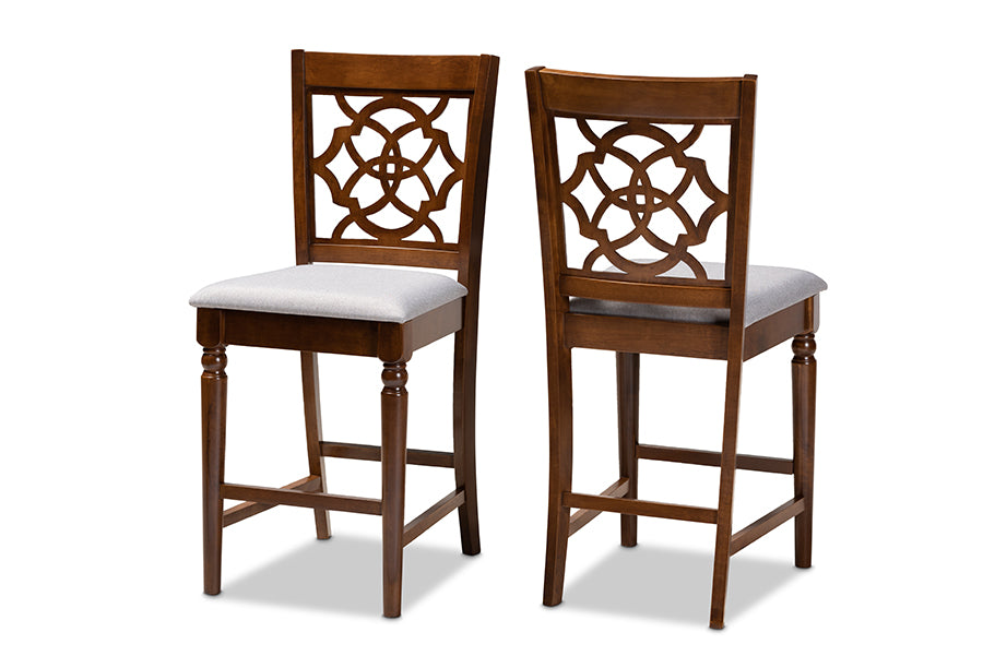 Baxton Studio Oscar Modern and Contemporary Grey Fabric Upholstered and Walnut Brown Finished Wood 2-Piece Counter Height Pub Chair Set | Modishstore | Dining Chairs - 4