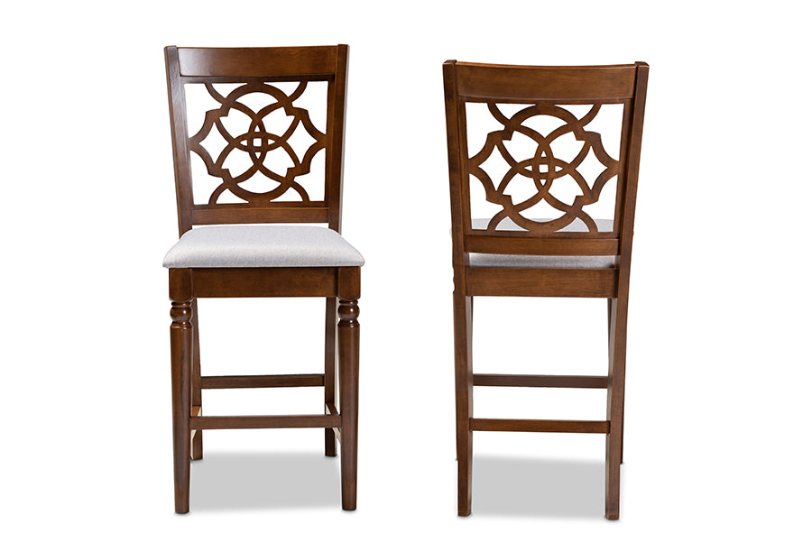 Baxton Studio Oscar Modern and Contemporary Grey Fabric Upholstered and Walnut Brown Finished Wood 2-Piece Counter Height Pub Chair Set | Modishstore | Dining Chairs - 3