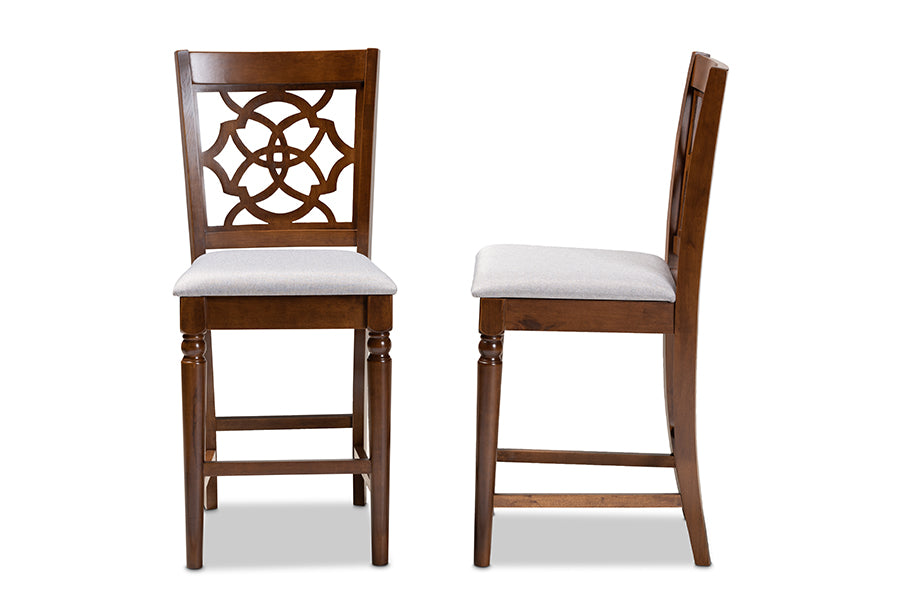 Baxton Studio Oscar Modern and Contemporary Grey Fabric Upholstered and Walnut Brown Finished Wood 2-Piece Counter Height Pub Chair Set | Modishstore | Dining Chairs - 2