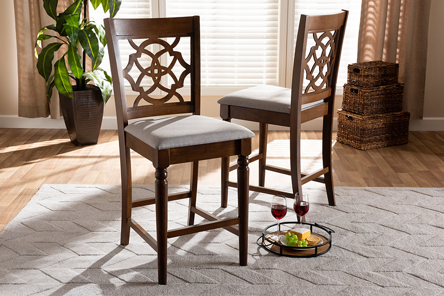 Baxton Studio Oscar Modern and Contemporary Grey Fabric Upholstered and Walnut Brown Finished Wood 2-Piece Counter Height Pub Chair Set | Modishstore | Dining Chairs