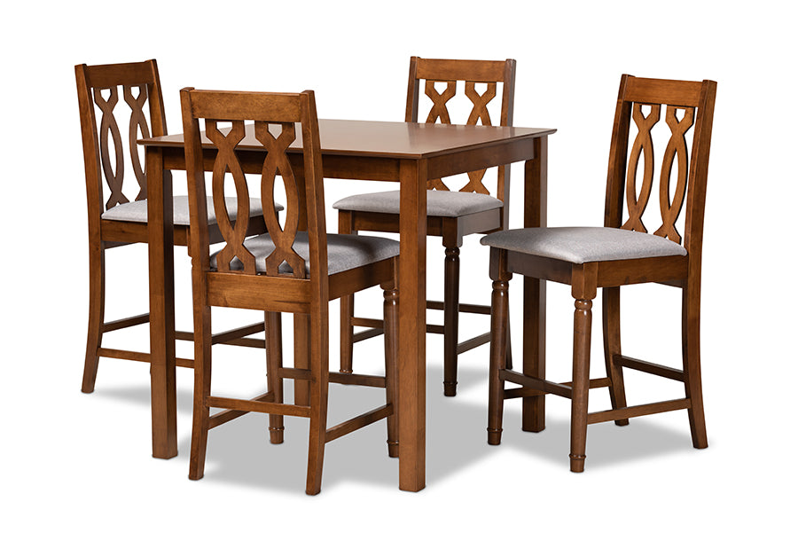 baxton studio darcie modern and contemporary grey fabric upholstered and walnut brown finished wood 5 piece pub set | Modish Furniture Store-2